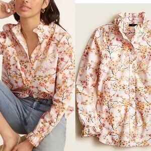 J Crew Classic Fit Cherry Blossom Pink Ruffle Button Down Shirt Preppy Floral